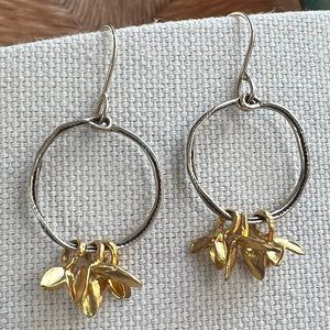 Sterling Organic Shape Hoop Circle Gold Flowers Leaf Earrings